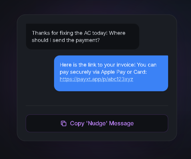 PayXT text-to-invoice mockup: SMS payment link on a phone